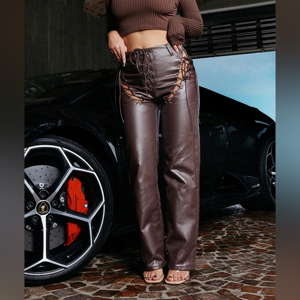 Thigh lace up coded Denim straight leg jeans - Chocolate